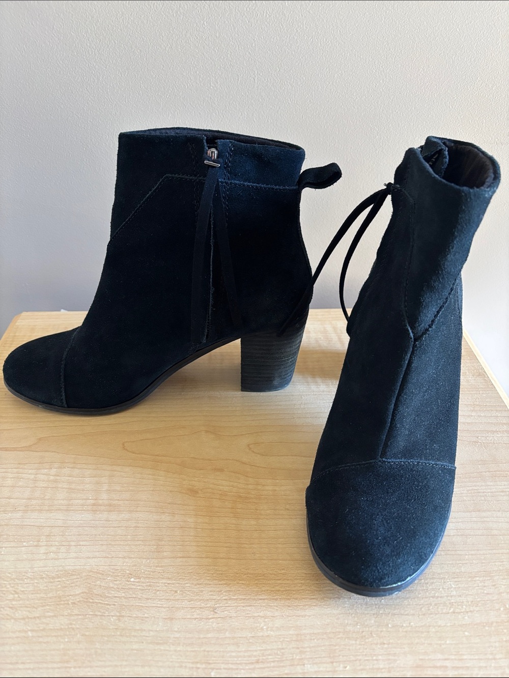 Toms Black Suede Ankle Booties with Block Heel and Side Zipper